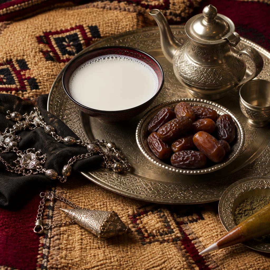 Plateau d'argent, dattes et lait